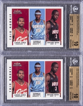 2003-04 Fleer Tradition "Trio Rookie" #300 LeBron James/Carmelo Anthony/Dwyane Wade BGS PRISTINE 10 Rookie Cards Pair (2) - Only Fifteen Total BGS PRISTINE 10 Examples Graded!
